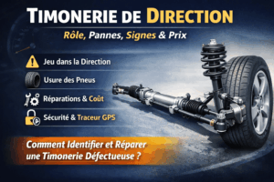 Schéma de la timonerie de direction d'une voiture avec crémaillère, biellettes, rotules et roues avant. Illustrations des symptômes, pannes, sécurité et coût