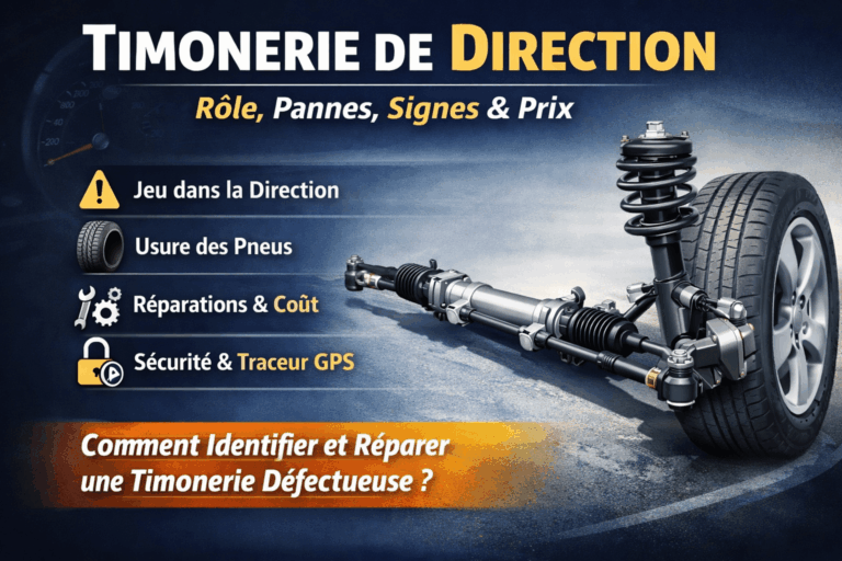 Schéma de la timonerie de direction d'une voiture avec crémaillère, biellettes, rotules et roues avant. Illustrations des symptômes, pannes, sécurité et coût