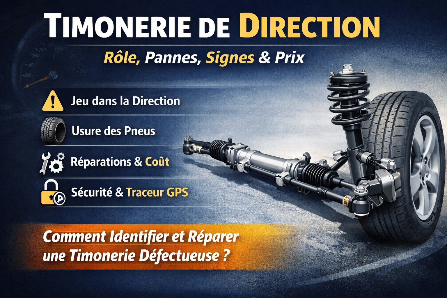Schéma de la timonerie de direction d'une voiture avec crémaillère, biellettes, rotules et roues avant. Illustrations des symptômes, pannes, sécurité et coût