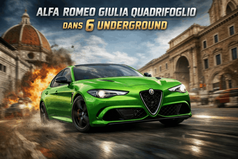 Alfa Romeo Giulia Quadrifoglio verte en pleine poursuite urbaine dans le film 6 Underground, avec explosions et décor de Florence