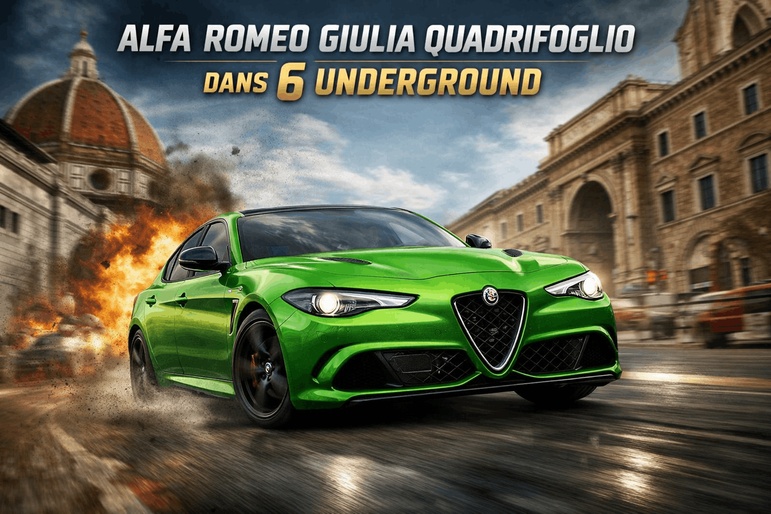 Alfa Romeo Giulia Quadrifoglio verte en pleine poursuite urbaine dans le film 6 Underground, avec explosions et décor de Florence