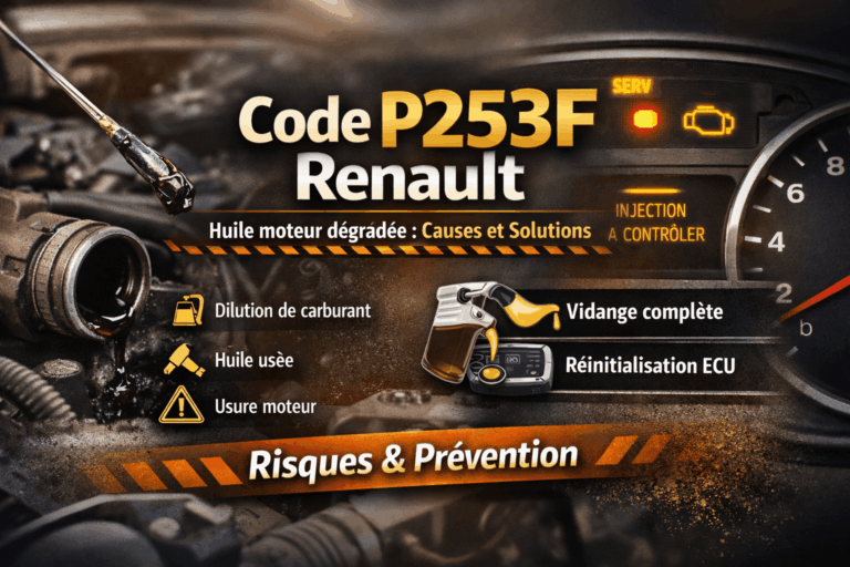 Illustration du code P253F Renault indiquant une huile moteur dégradée, avec voyant moteur et solutions de vidange et réinitialisation ECU
