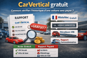 Illustration de l’accès à CarVertical gratuit en 2026 avec comparaison des alternatives fiables comme HistoVec et décodeurs VIN gratuits.