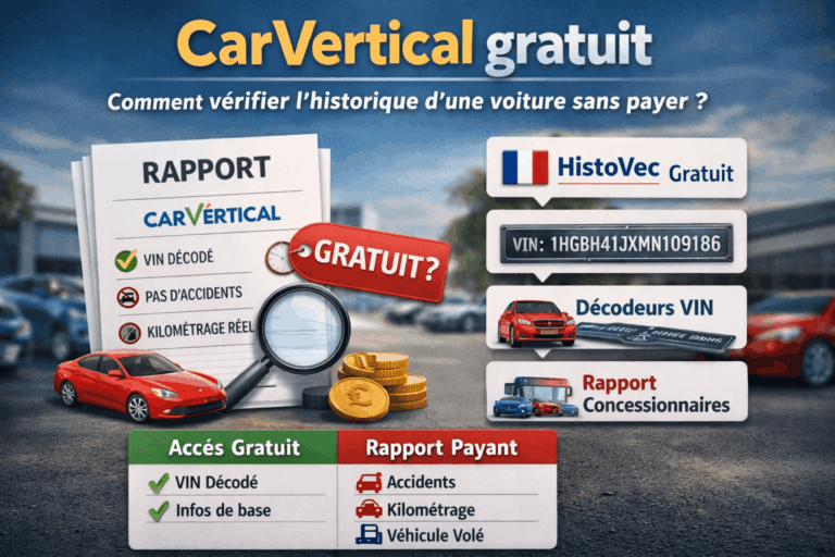 Illustration de l’accès à CarVertical gratuit en 2026 avec comparaison des alternatives fiables comme HistoVec et décodeurs VIN gratuits.